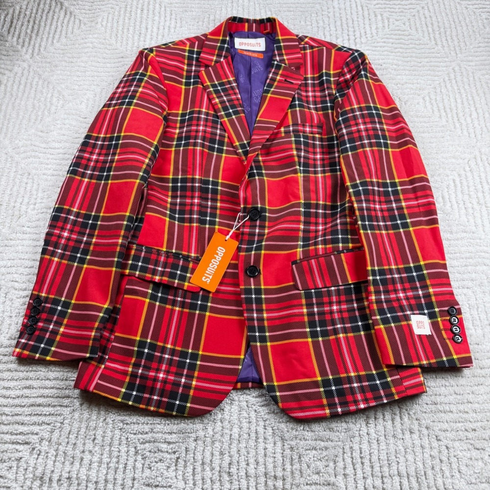 OppoSuits Plaid Blazer Men's US 36 Red Tartan Holiday Party Jacket Christmas